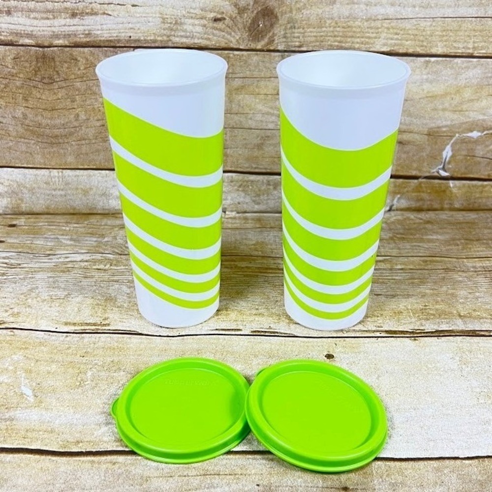 Tupperware Tumblers Straight Sided 16 oz White Green Swirl with Lid Set of 2